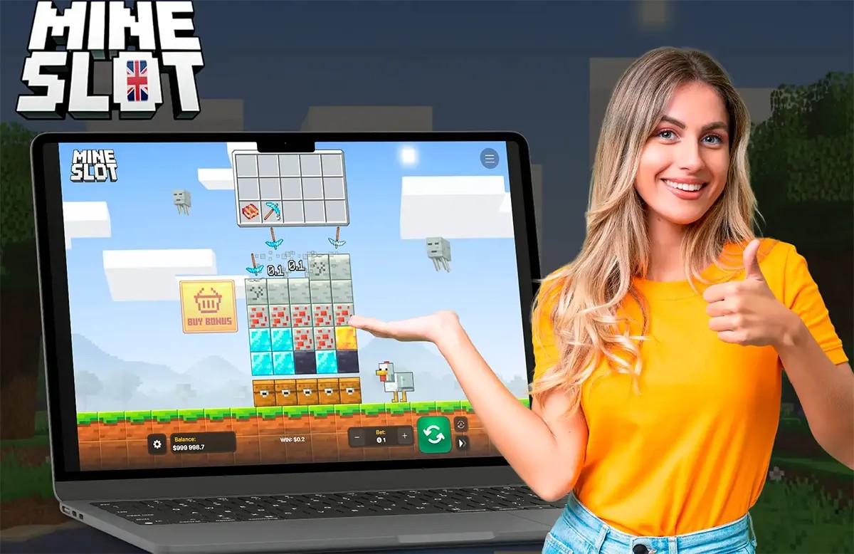 Promotional Mine Slot graphic showing the Mine Slot logo, a laptop screen with the Minecraft-style slot game interface, and a smiling woman in a yellow top pointing at the game while giving a thumbs-up.