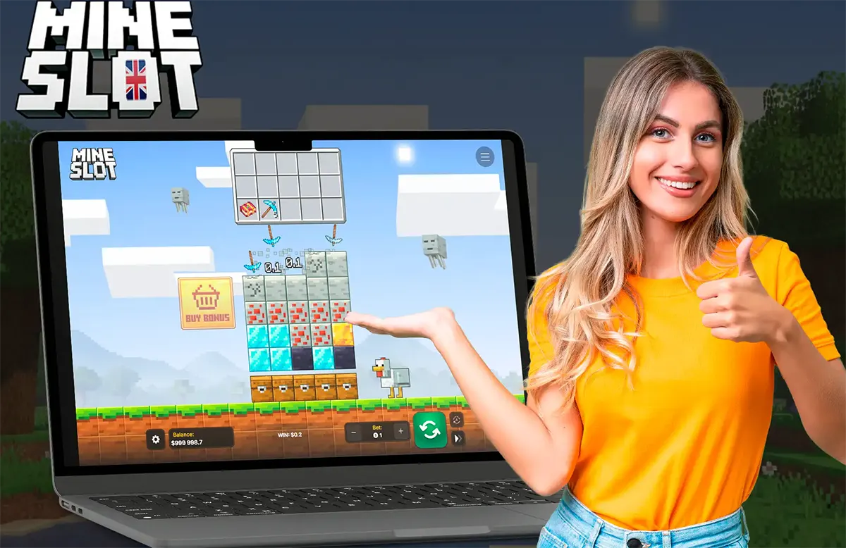 Promotional Mine Slot graphic showing the Mine Slot logo, a laptop screen with the Minecraft-style slot game interface, and a smiling woman in a yellow top pointing at the game while giving a thumbs-up.