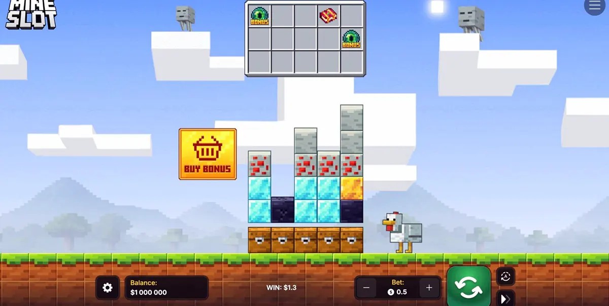 Screenshot of the Mine Slot game with a Minecraft-style sky and clouds, showing a central stack of block symbols above treasure chests, a “Buy Bonus” button on the left, a pixel chicken on the right, and balance, win, bet, and spin controls along the bottom.